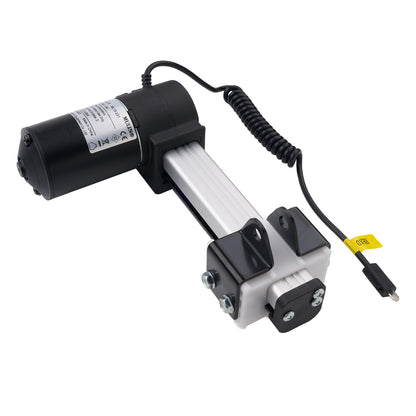 An electric linear actuator with a black motor housing, silver aluminum rod, black coiled cable, and black mounting brackets, shown on a white background.