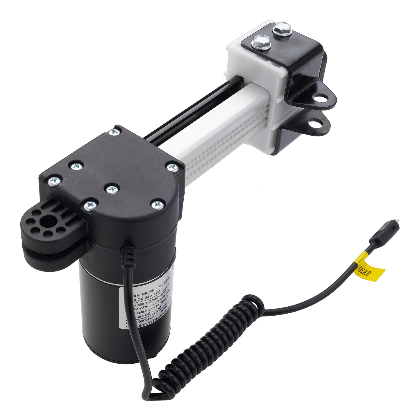 A black and silver linear electric actuator with a coiled black cable and a small yellow tag, shown on a solid white background.