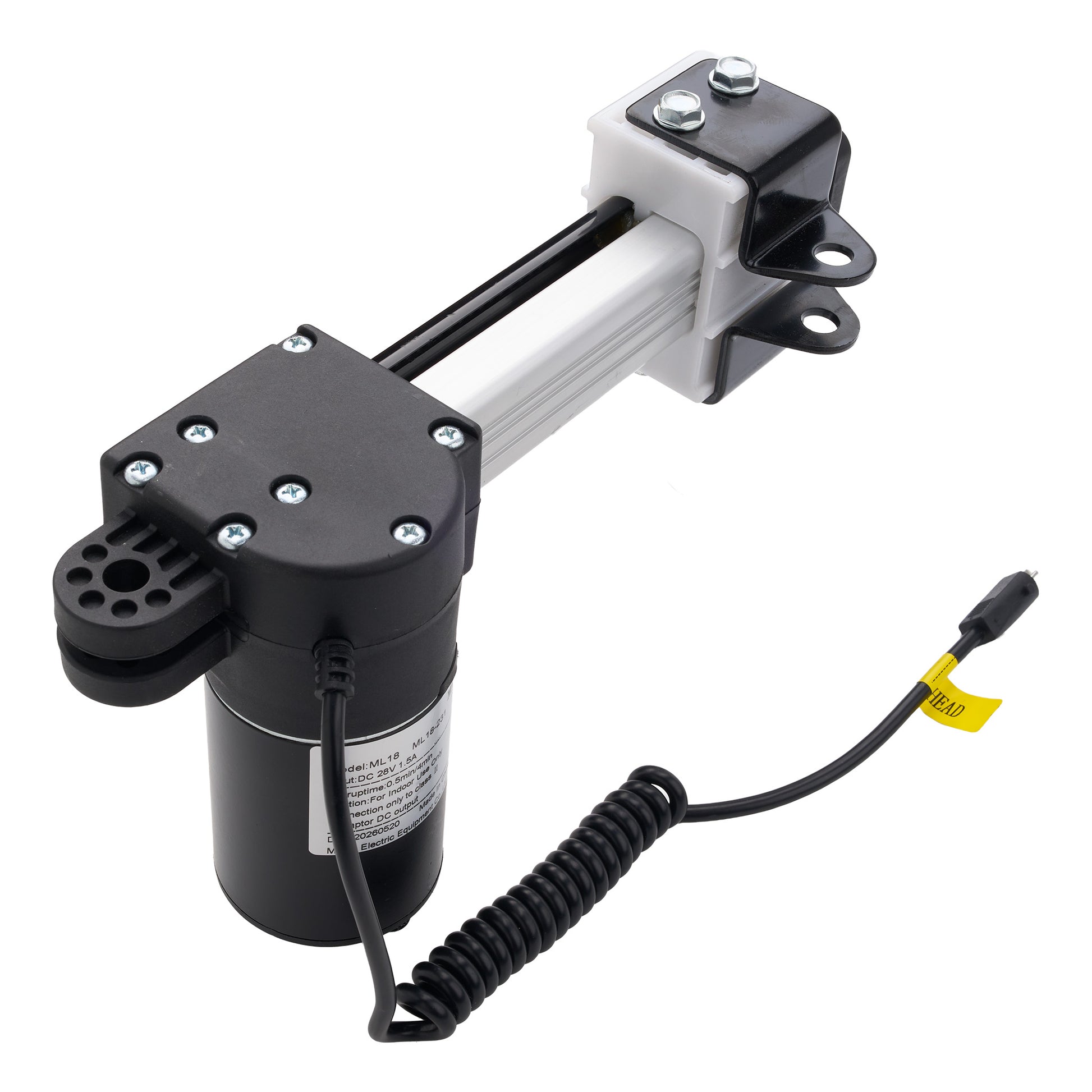 A black and silver linear electric actuator with a coiled black cable and a small yellow tag, shown on a solid white background.