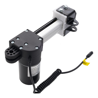 A black and silver linear electric actuator with a coiled black cable and a small yellow tag, shown on a solid white background.
