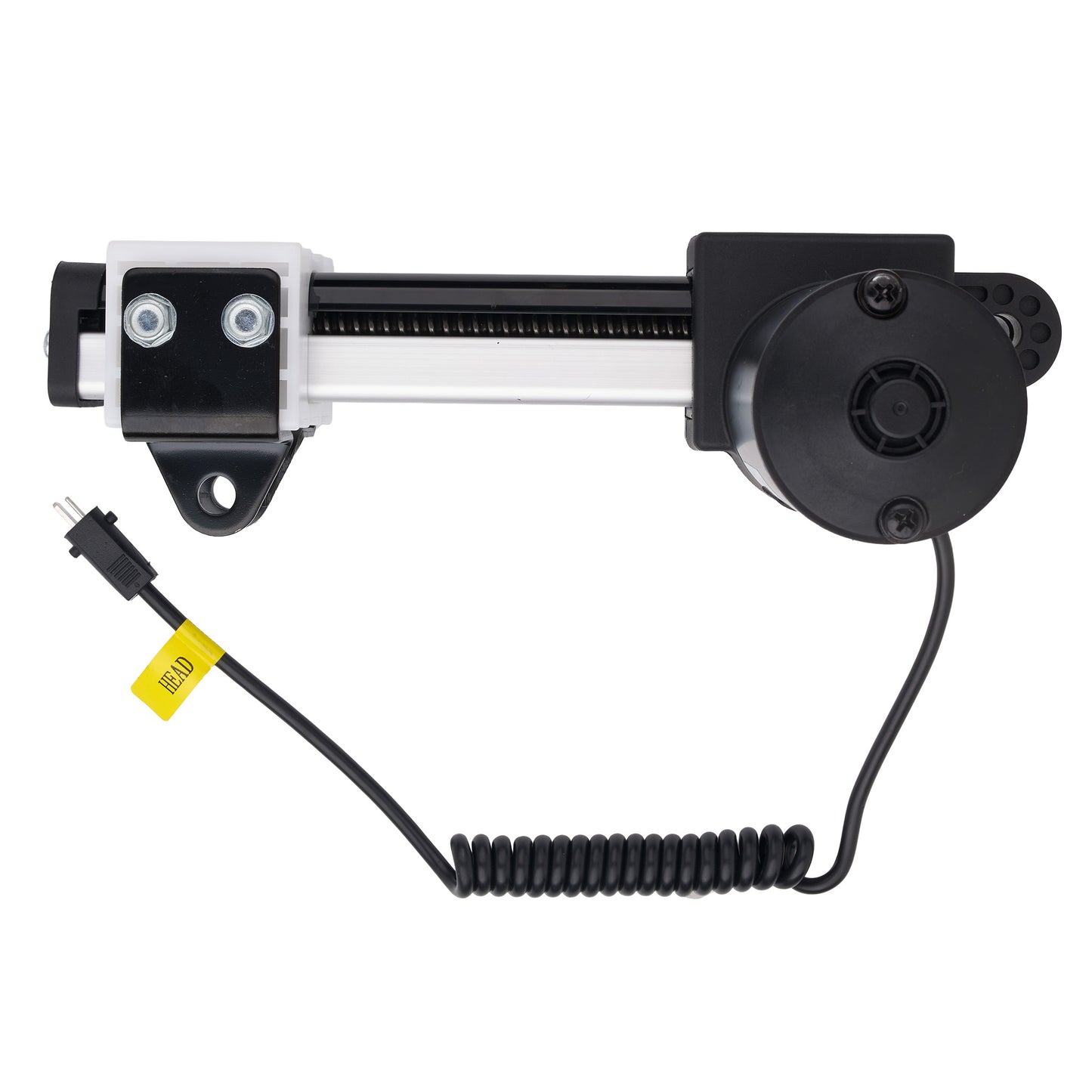 A linear electric motor slide rail assembly with a black and silver metal body, a black motor housing, a black coiled cable, and a yellow warning tag on the wire, shown against a plain white background.