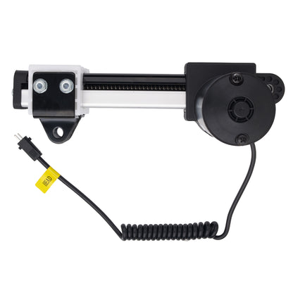 A linear electric motor slide rail assembly with a black and silver metal body, a black motor housing, a black coiled cable, and a yellow warning tag on the wire, shown against a plain white background.