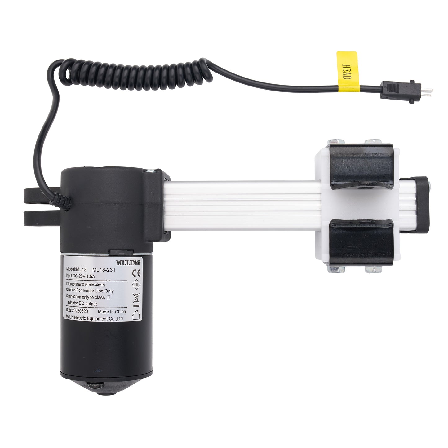A MELING electric linear slide extension with a black cylindrical motor housing, a white aluminum rail, black end caps, and a black coiled cable with a yellow connector tag, shown on a white background.