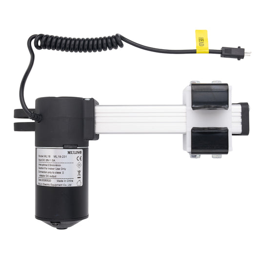 A MELING electric linear slide extension with a black cylindrical motor housing, a white aluminum rail, black end caps, and a black coiled cable with a yellow connector tag, shown on a white background.