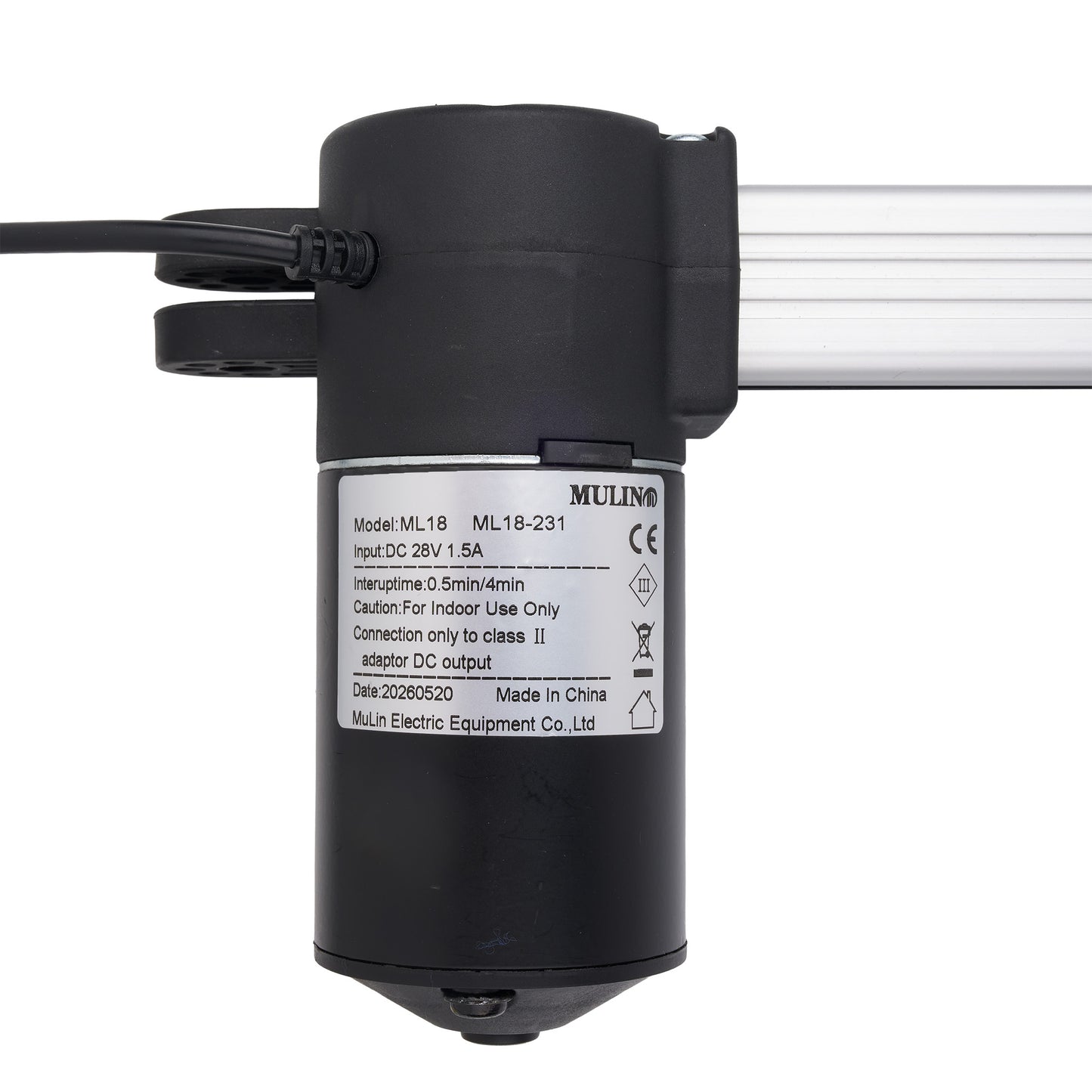 A black cylindrical electric motor or pump with a white printed specification label, shown against a white background with a silver metal rod extending from the side.