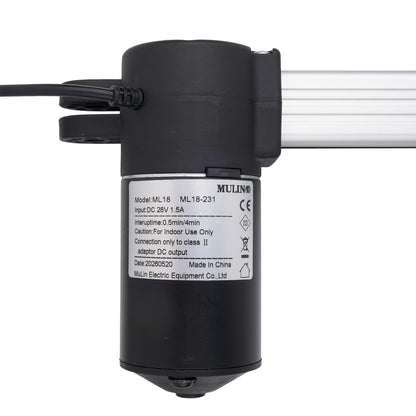 A black cylindrical electric motor or pump with a white printed specification label, shown against a white background with a silver metal rod extending from the side.