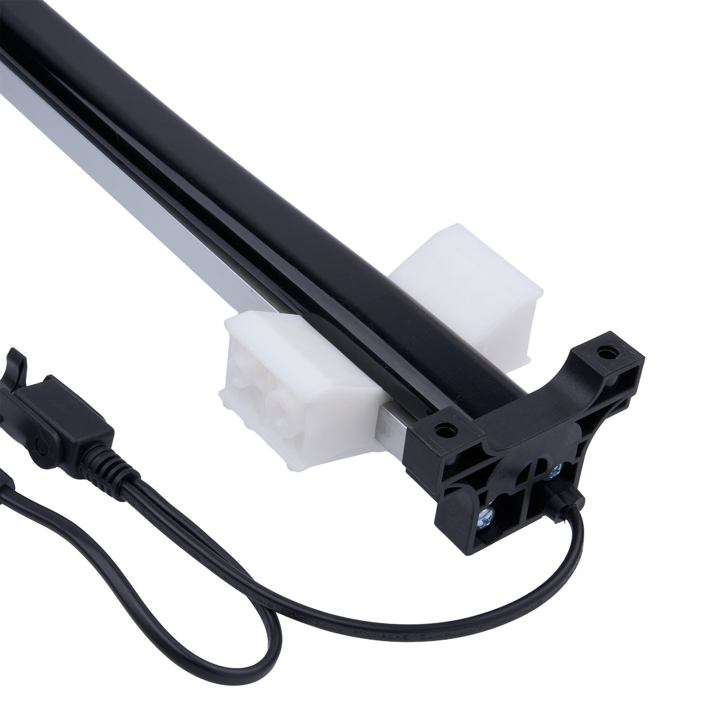 Black metal rod with white connector and black cable on a white background