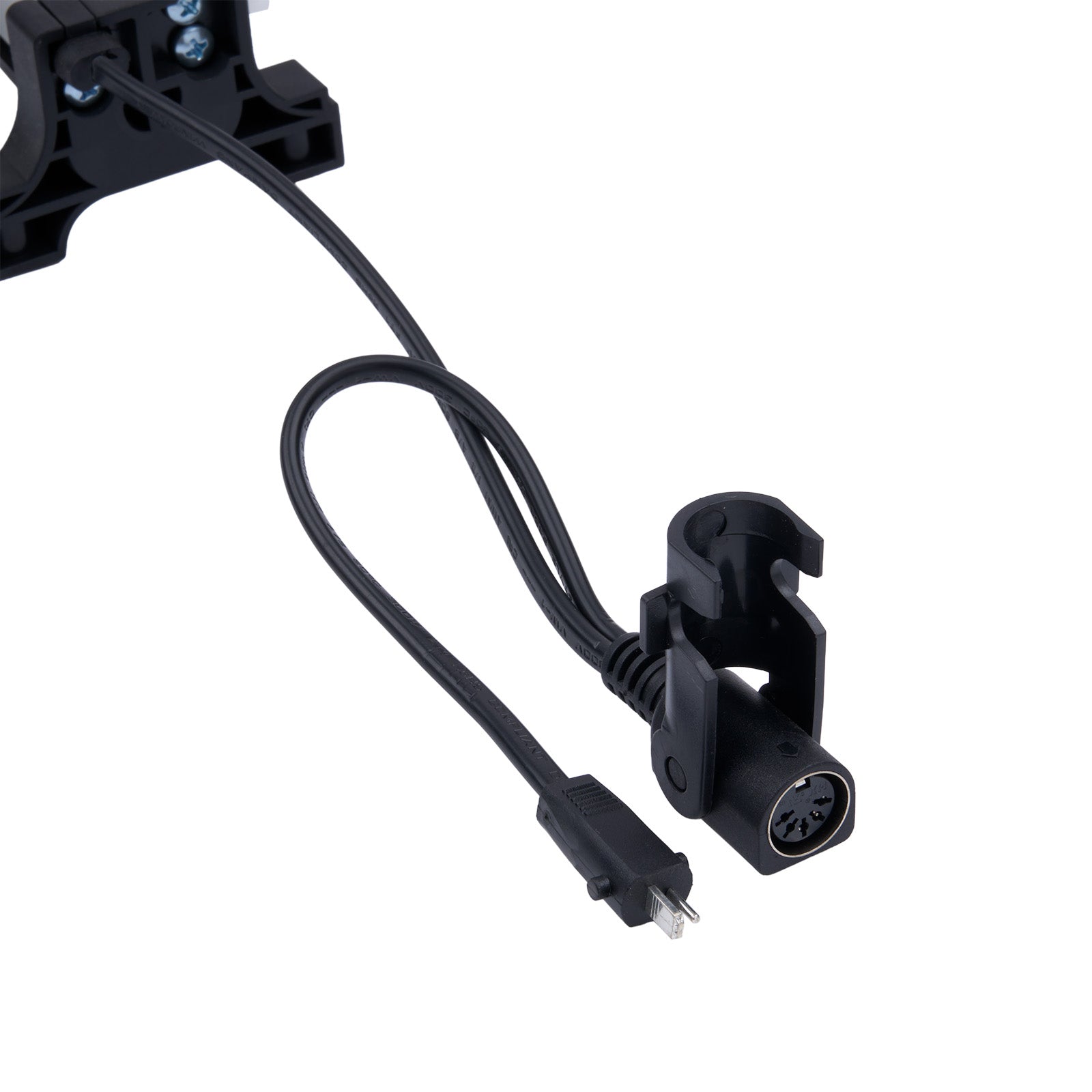 Black electronic component with cable on a white background