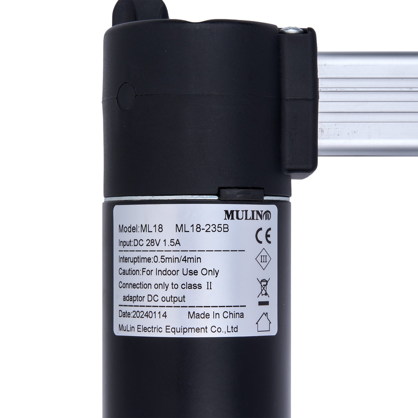 Black electrical component with label on a white background