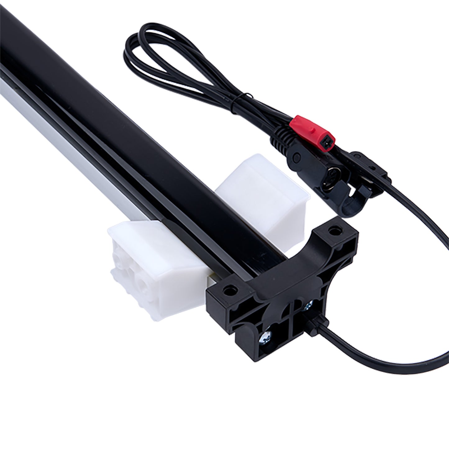 Mechanical component with black metal frame, white plastic parts, and red and black wires on a white background