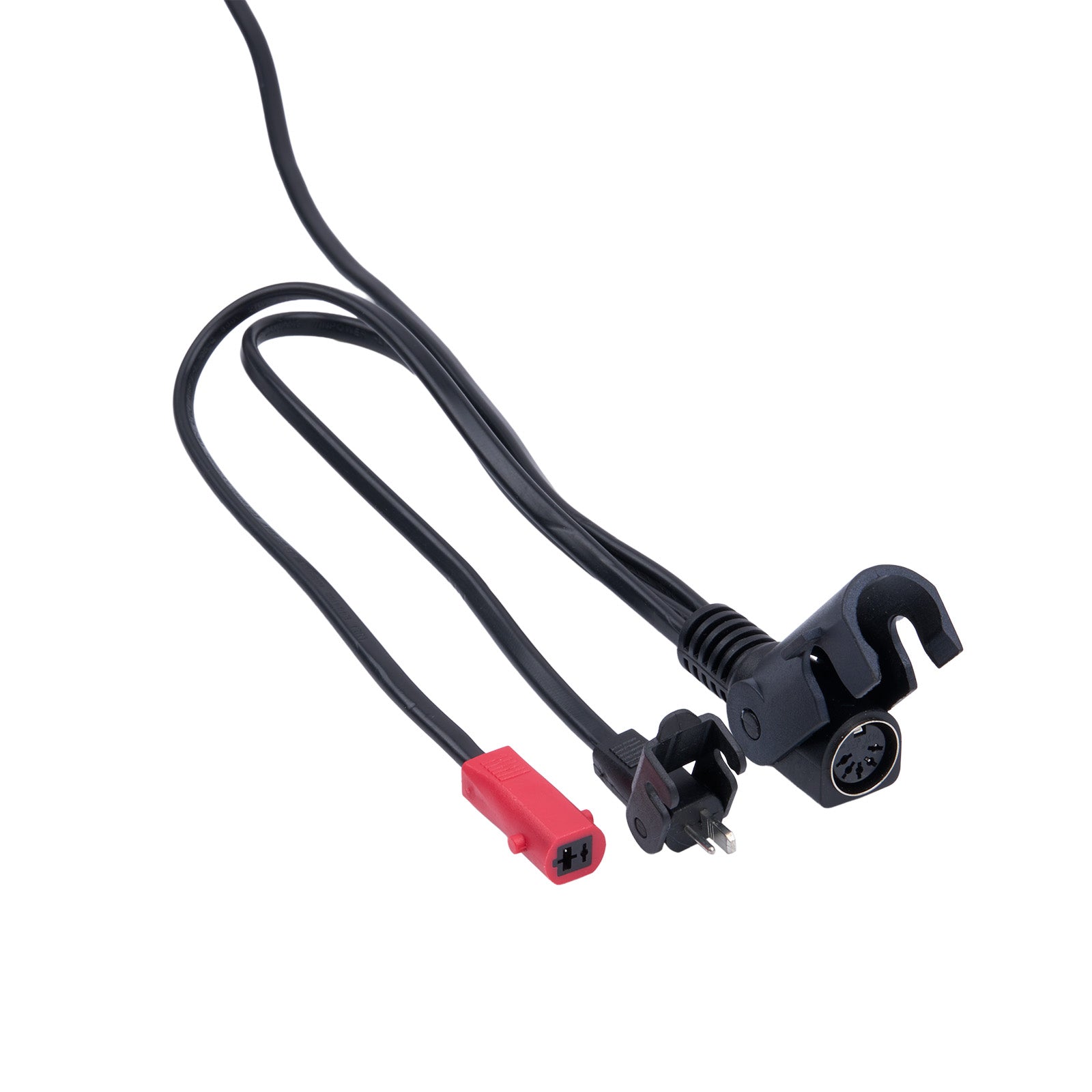 Black cable with red connector and black plug on a white background