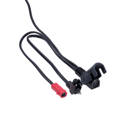 Black cable with red connector and black plug on a white background