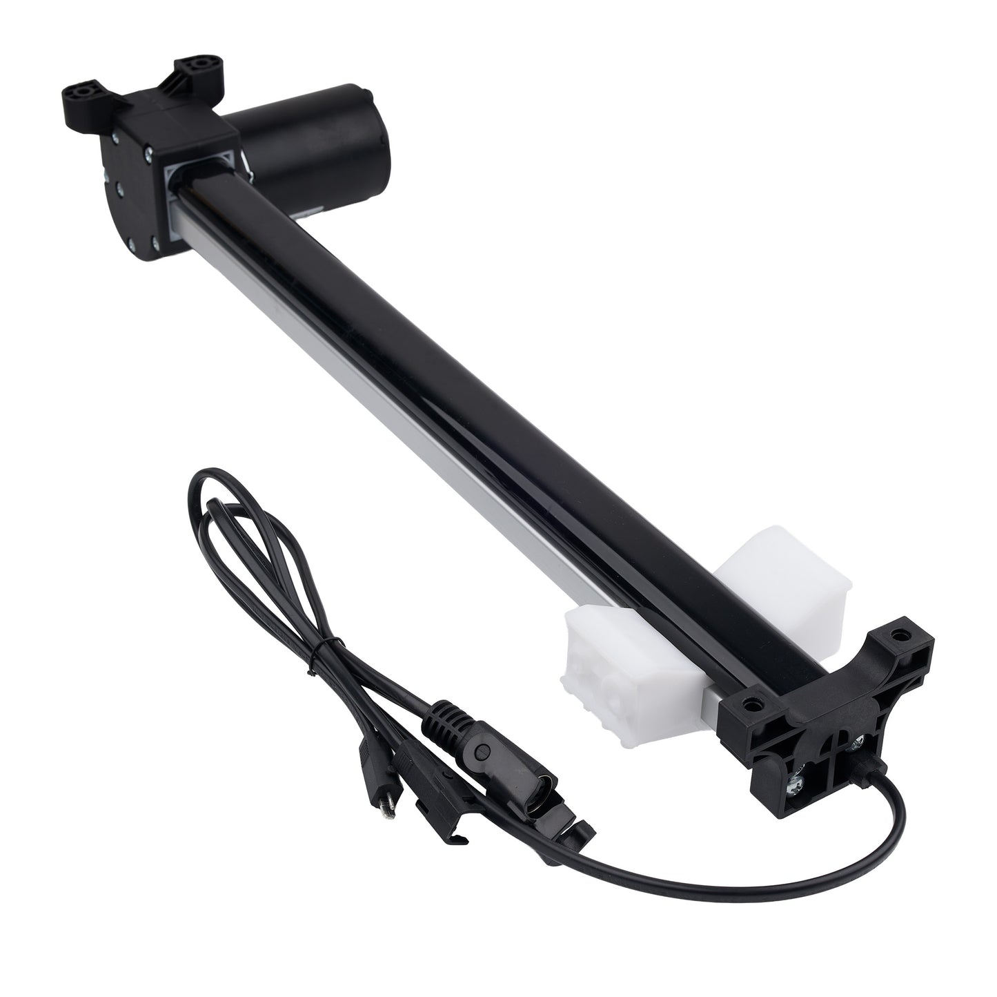 Black mechanical arm with a cable on a white background