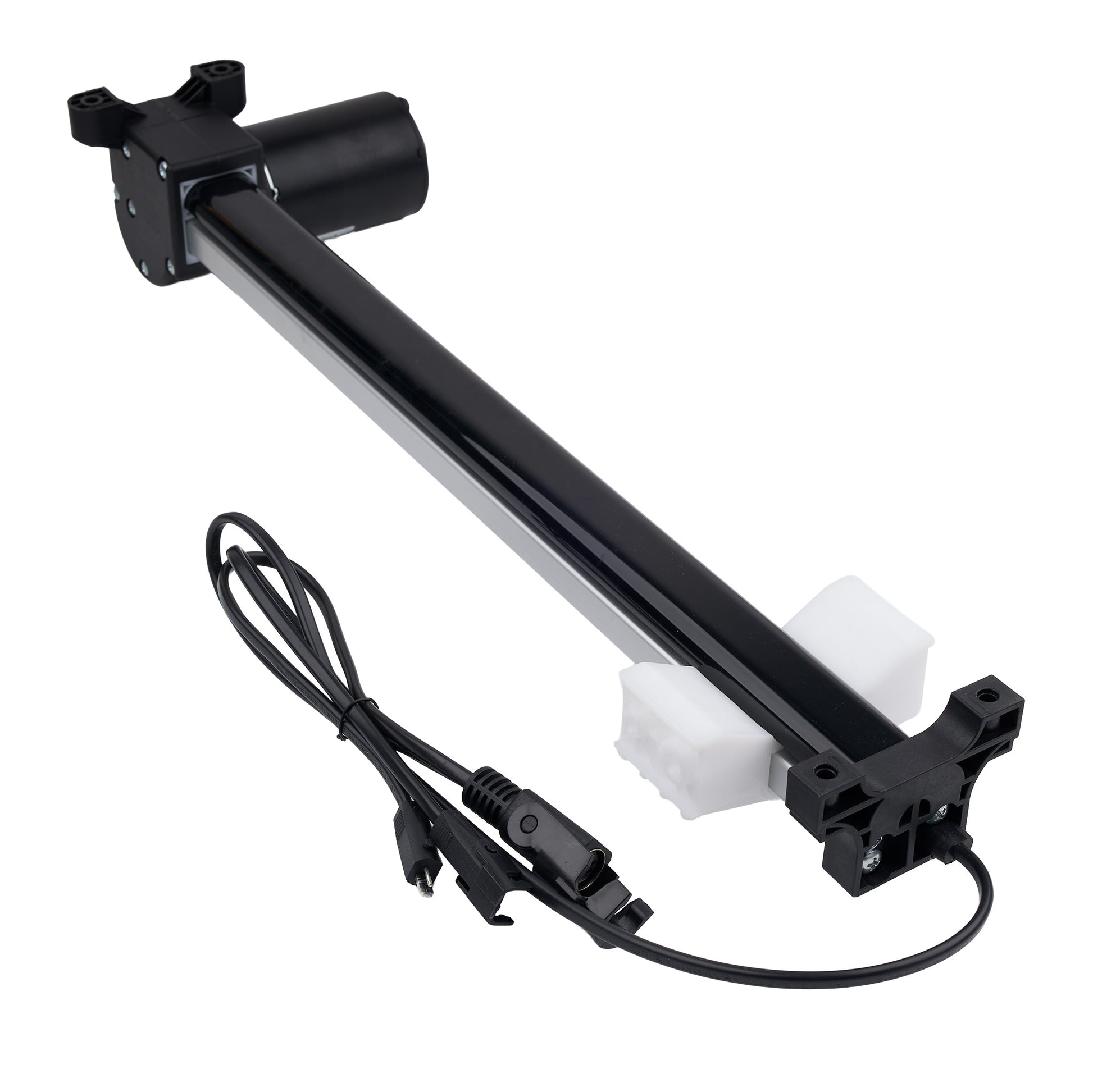 Black mechanical arm with a cable on a white background