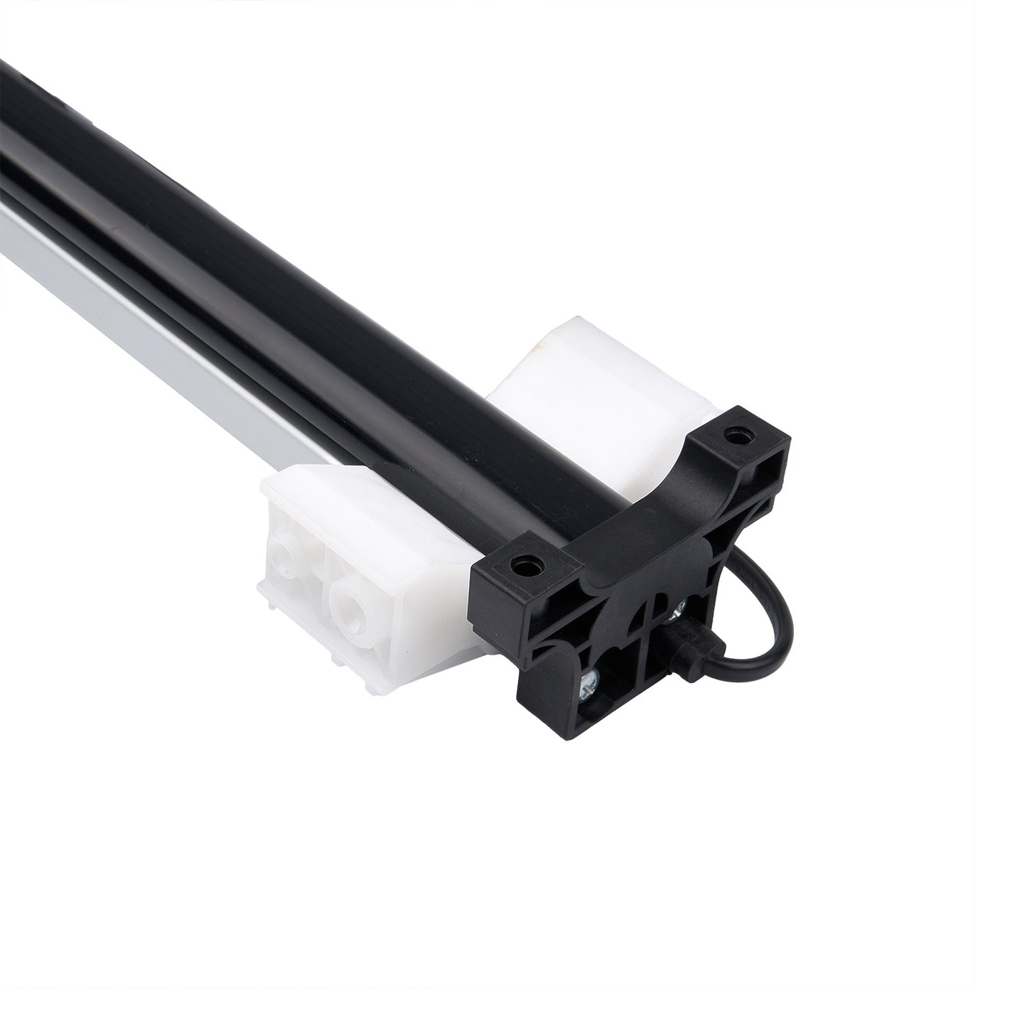 Black metal rod with white connectors on a white background