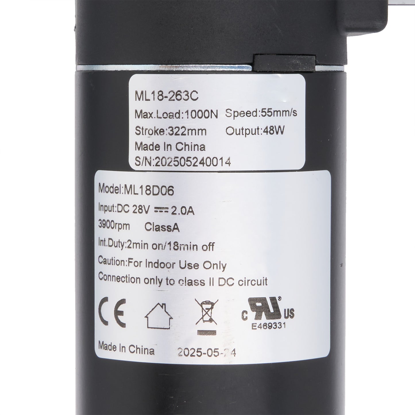 Technical specifications label on a black mechanical component