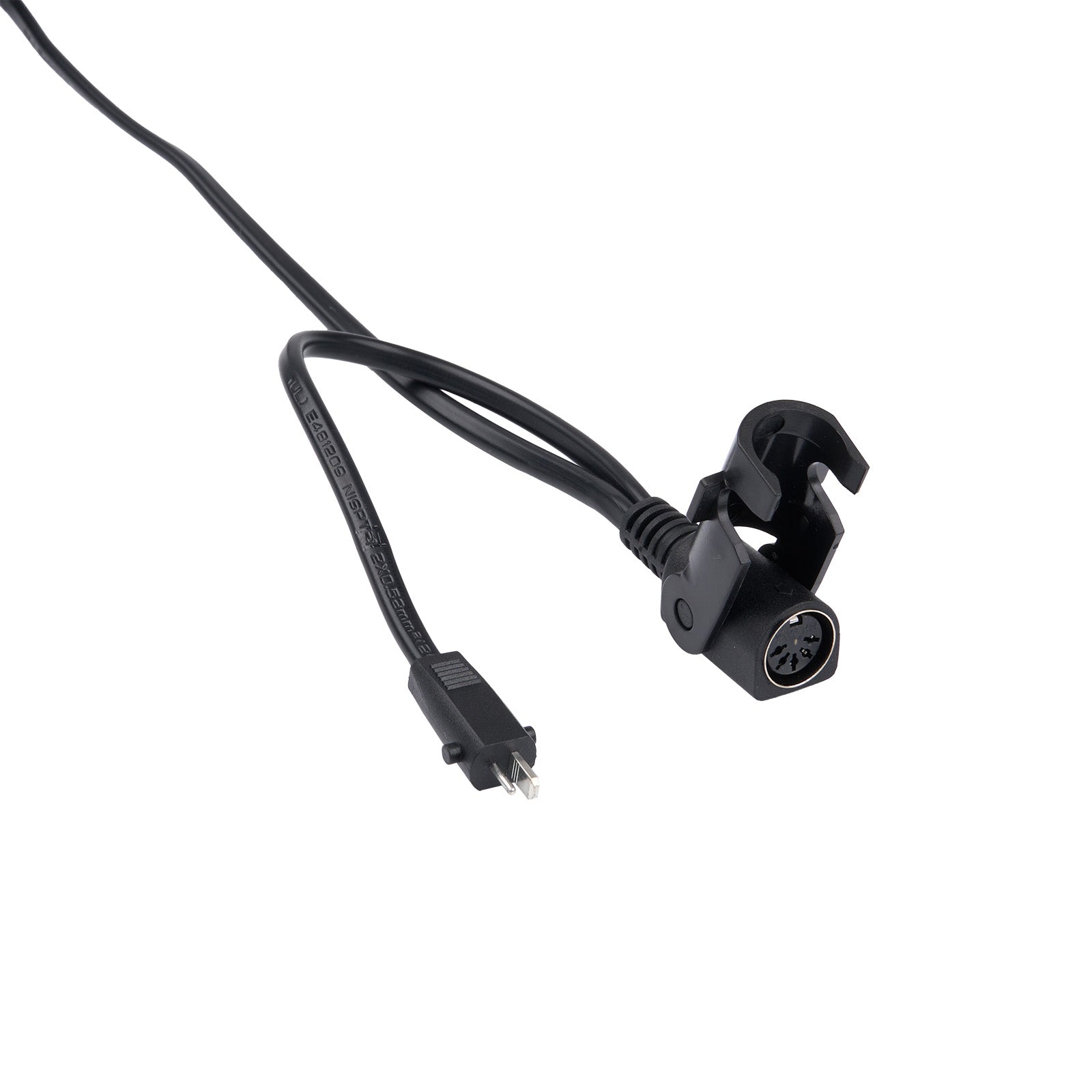 Black audio cable with connector on a white background