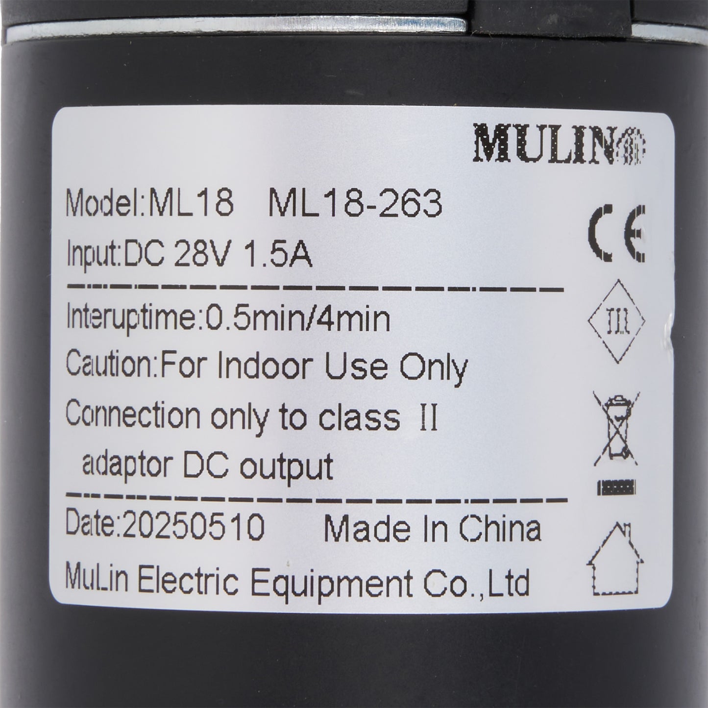 Label on a device with technical specifications and branding