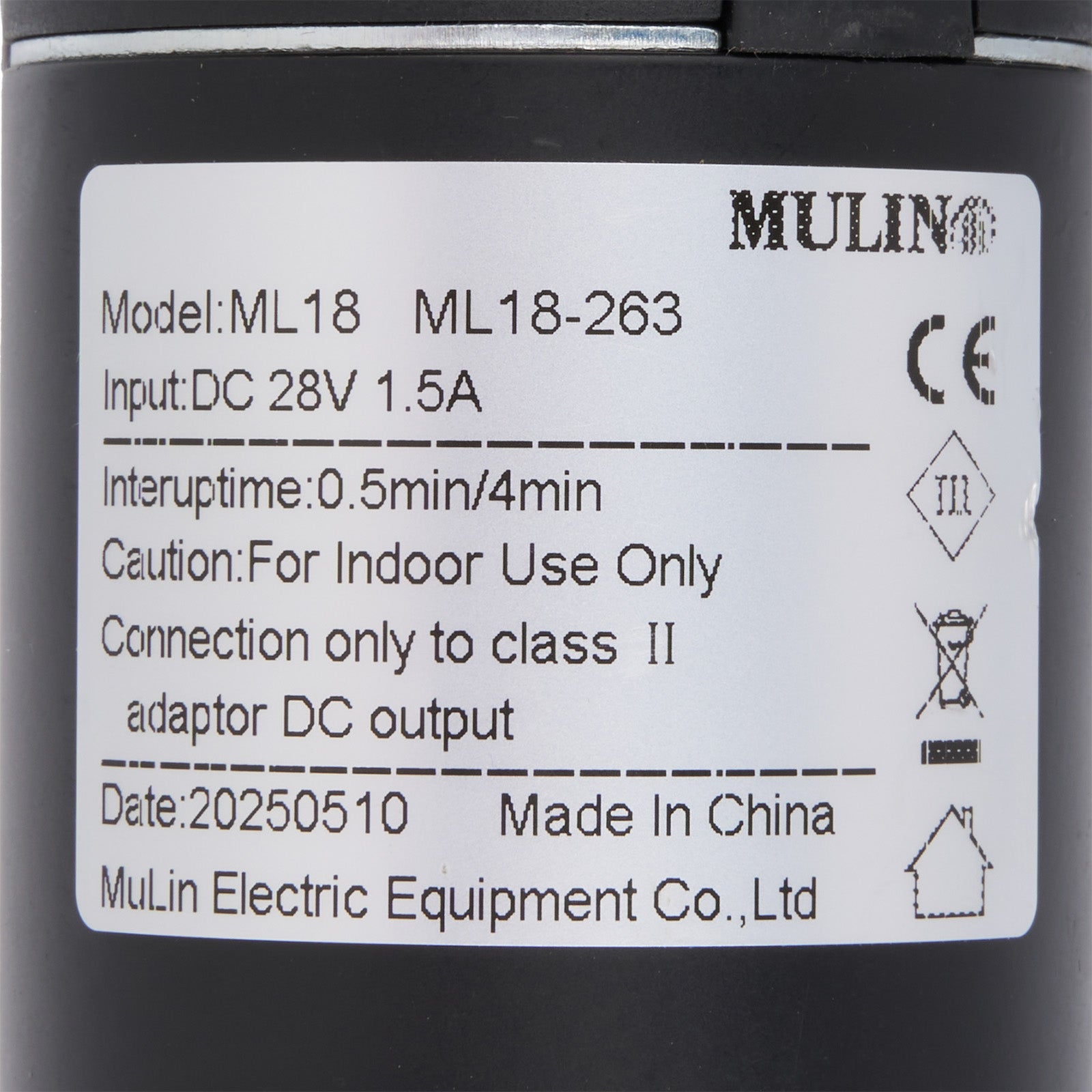 Label on a device with technical specifications and branding