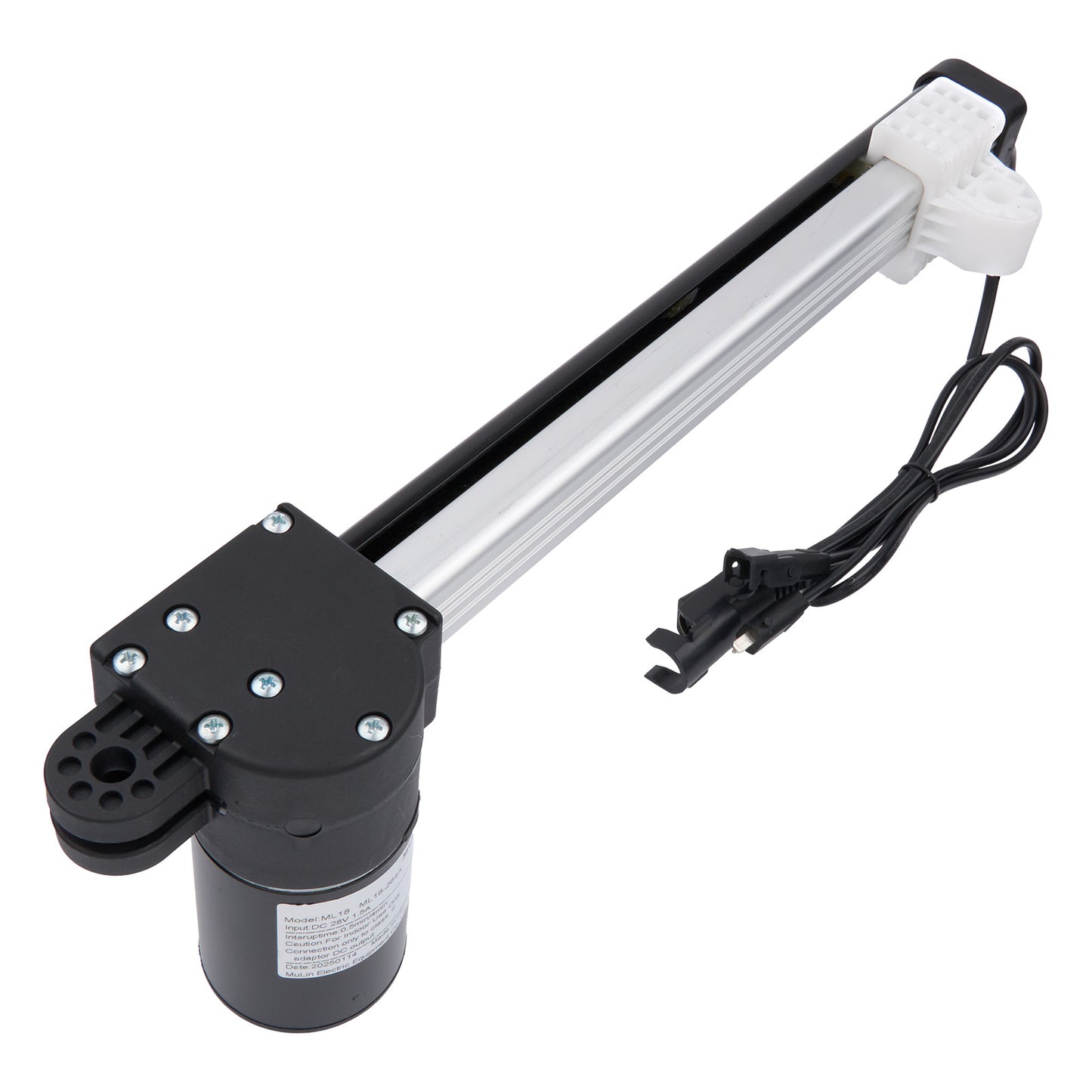 Electric actuator with a cylindrical motor and mechanical arm on a white background