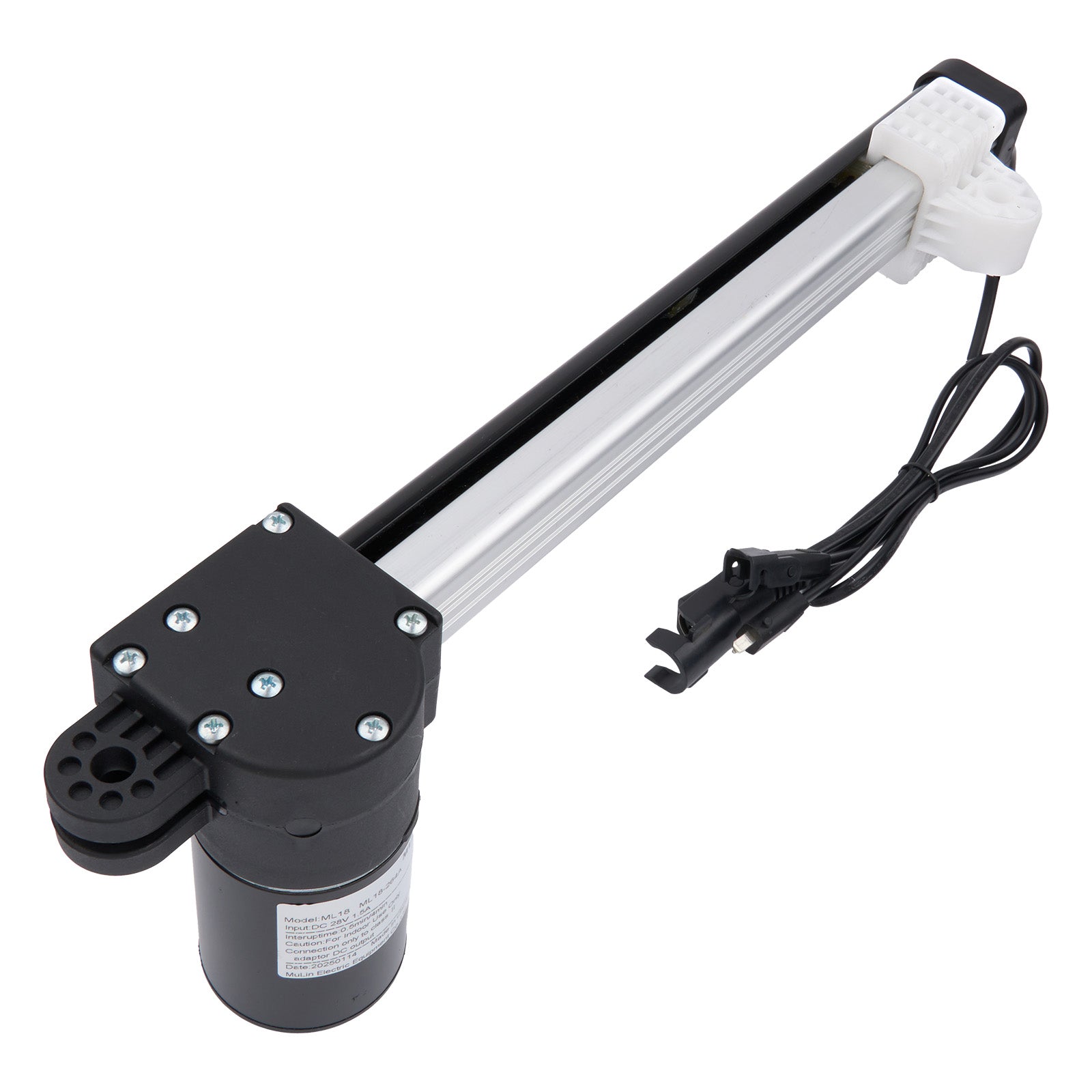 Electric actuator with a cylindrical motor and mechanical arm on a white background
