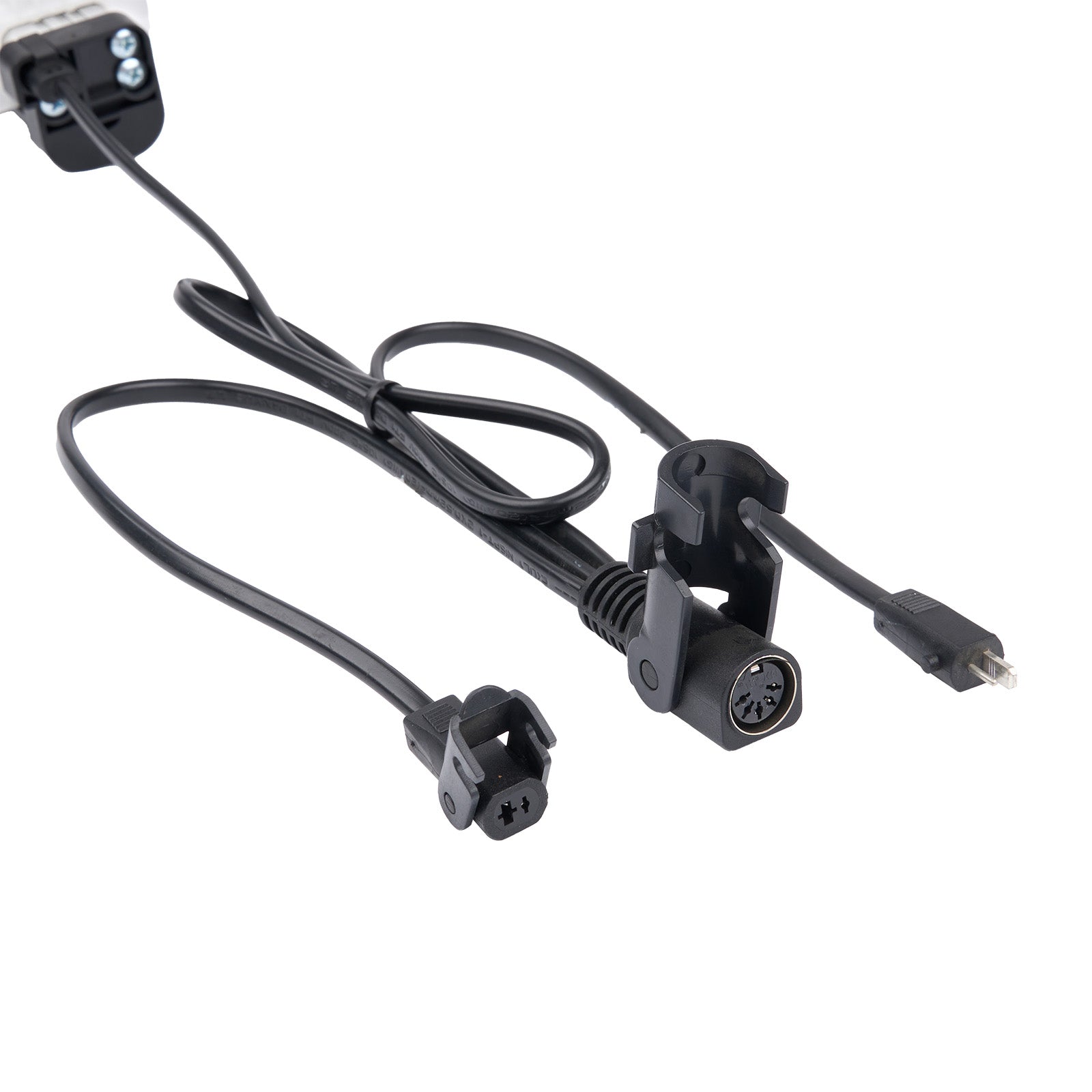 Black cable with connectors on a white background