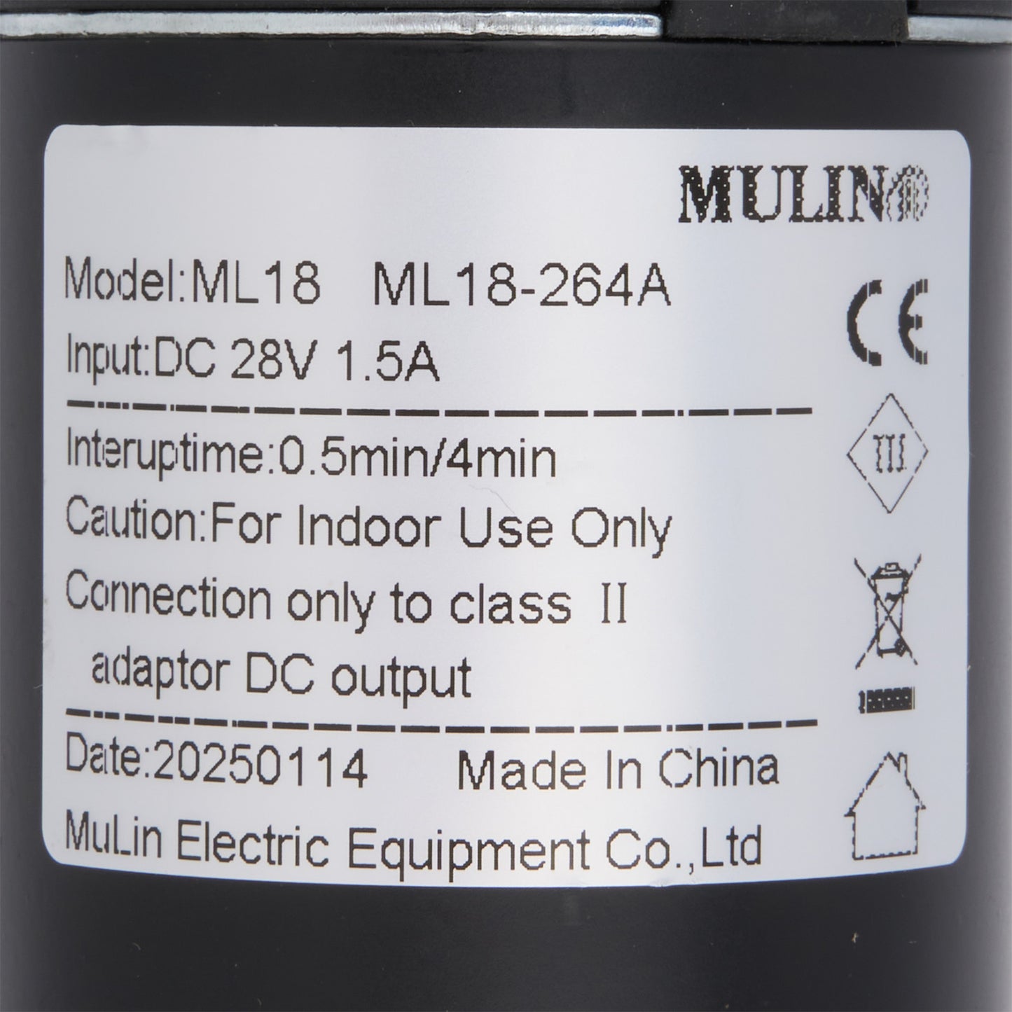 Label with technical specifications and branding on a black background