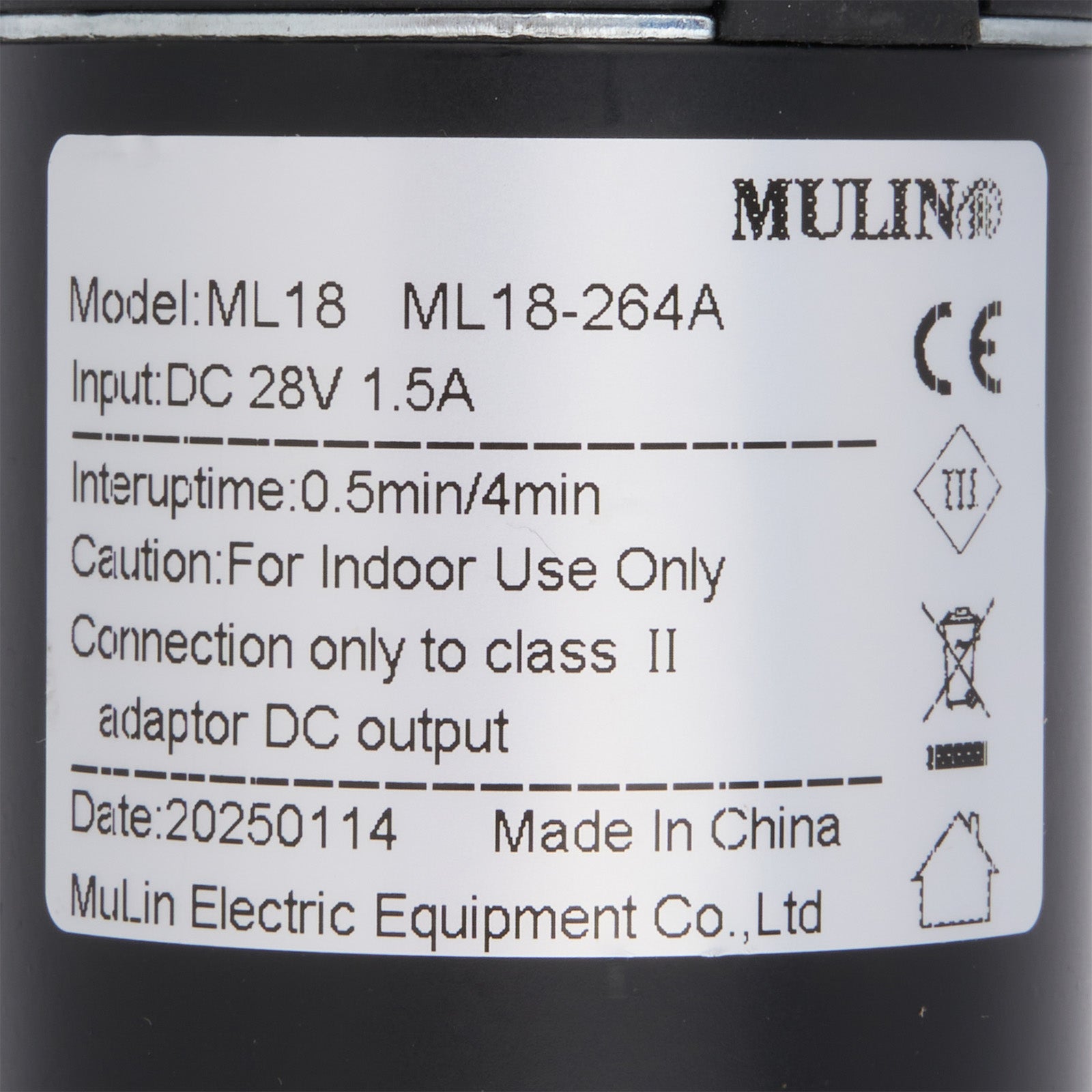 Label with technical specifications and branding on a black background