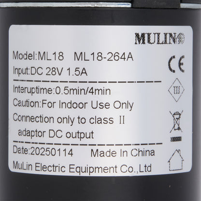 Label with technical specifications and branding on a black background
