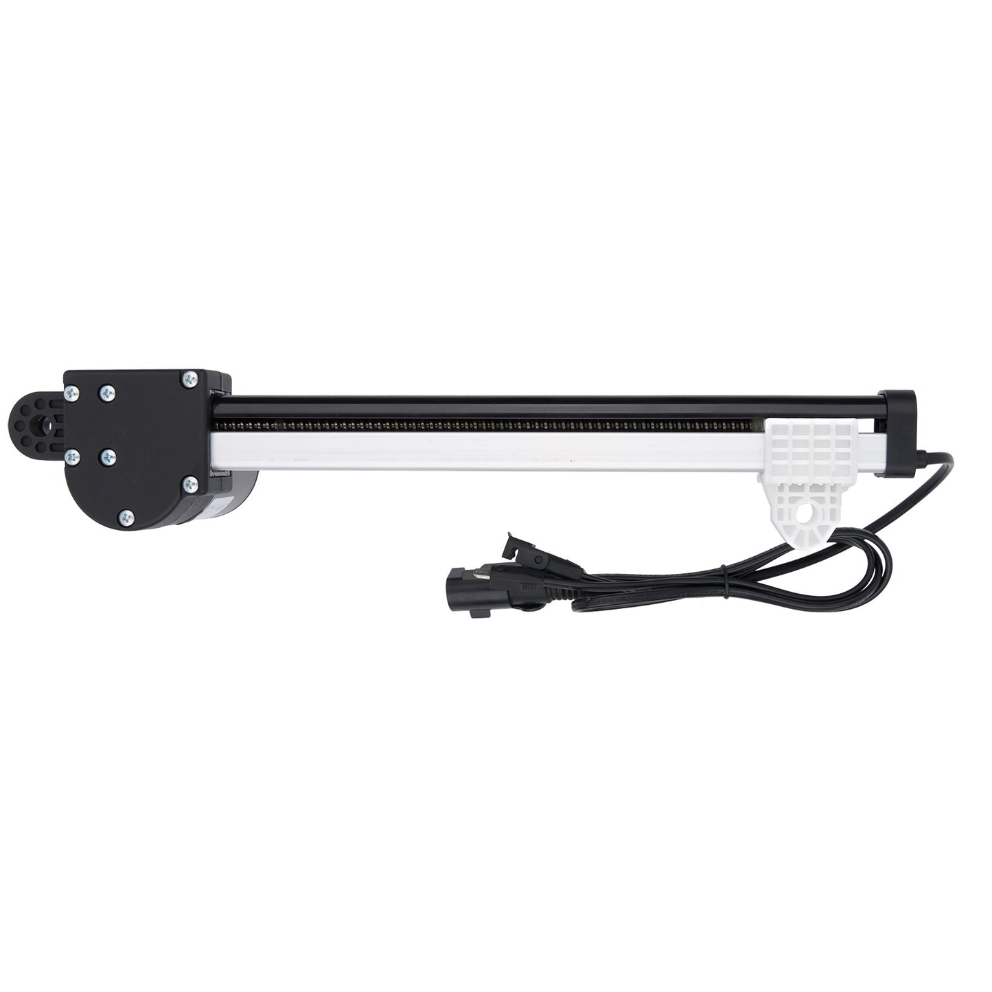 Long rectangular light fixture with black housing and white interior on a white background