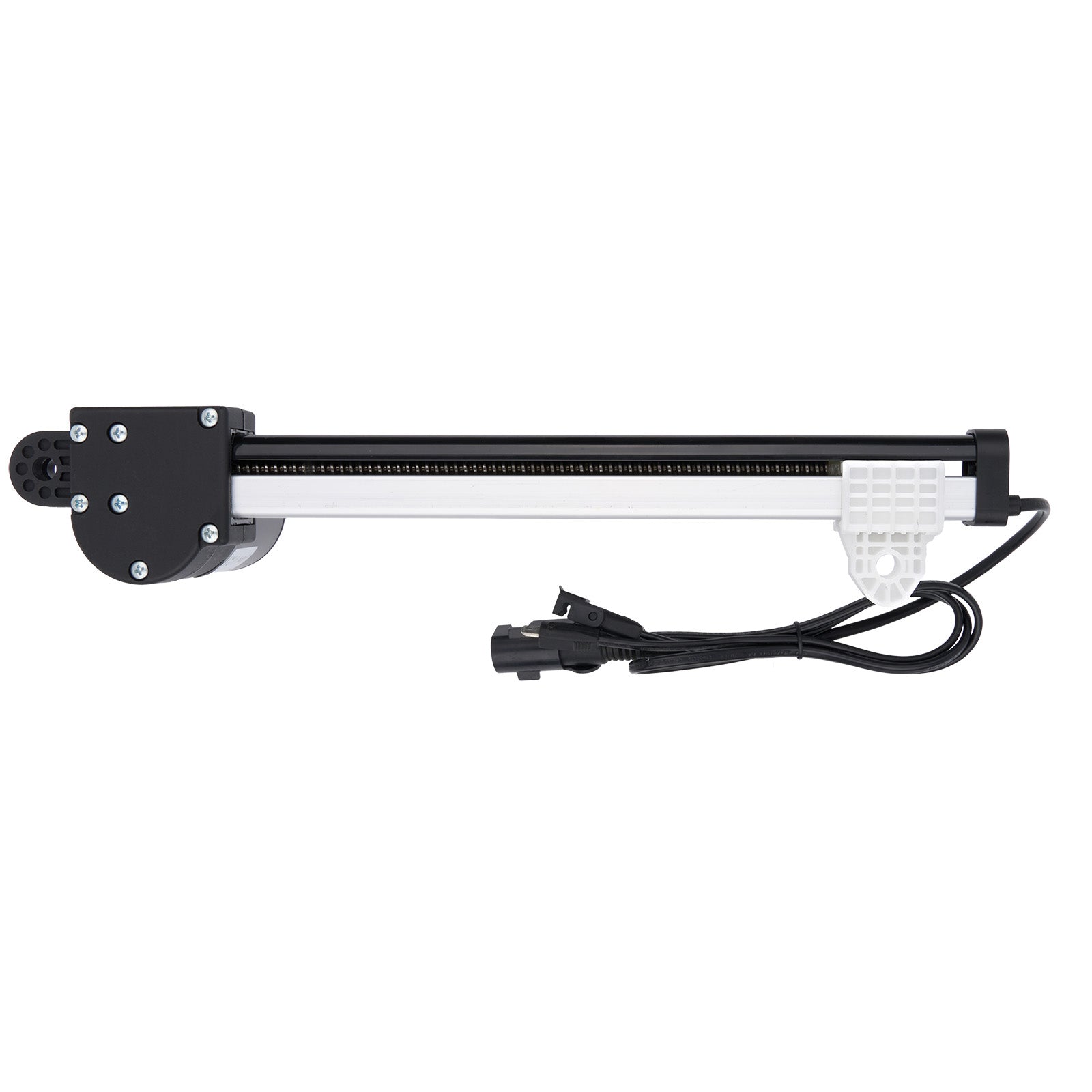 Long rectangular light fixture with black housing and white interior on a white background