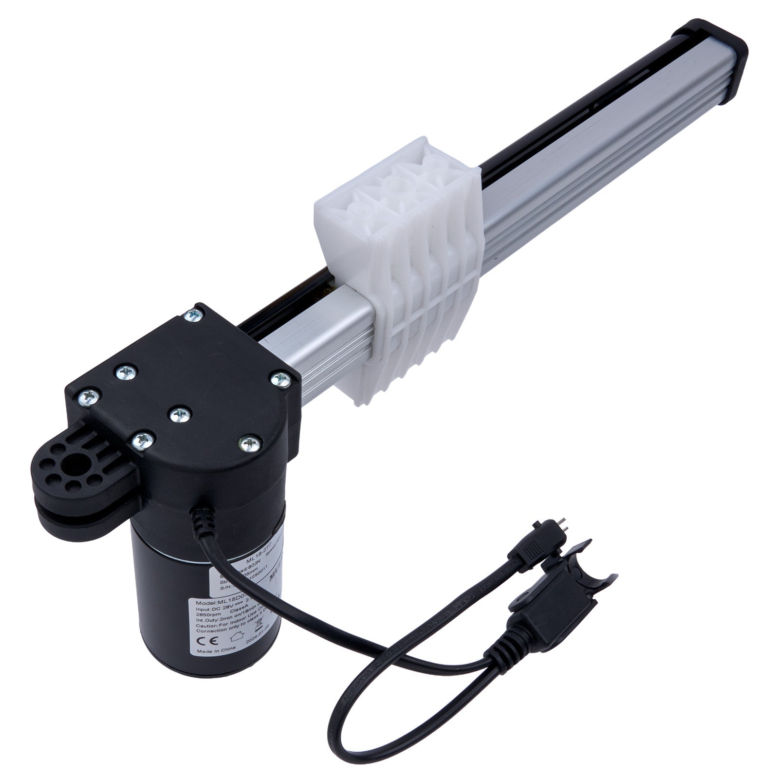 Mechanical actuator with a motor and cable on a white background
