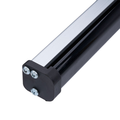 Black cylindrical object with metallic components on a white background