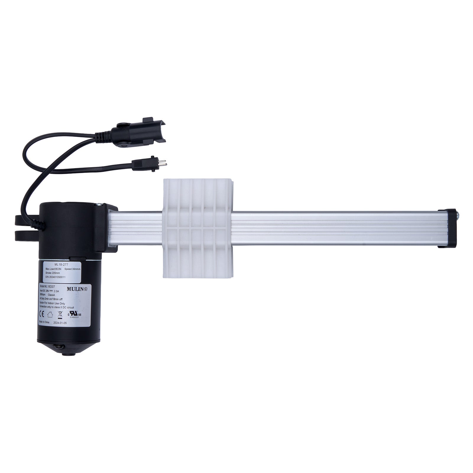 Electrical component with black cylindrical part, white rectangular filter, and black power cord on a white background
