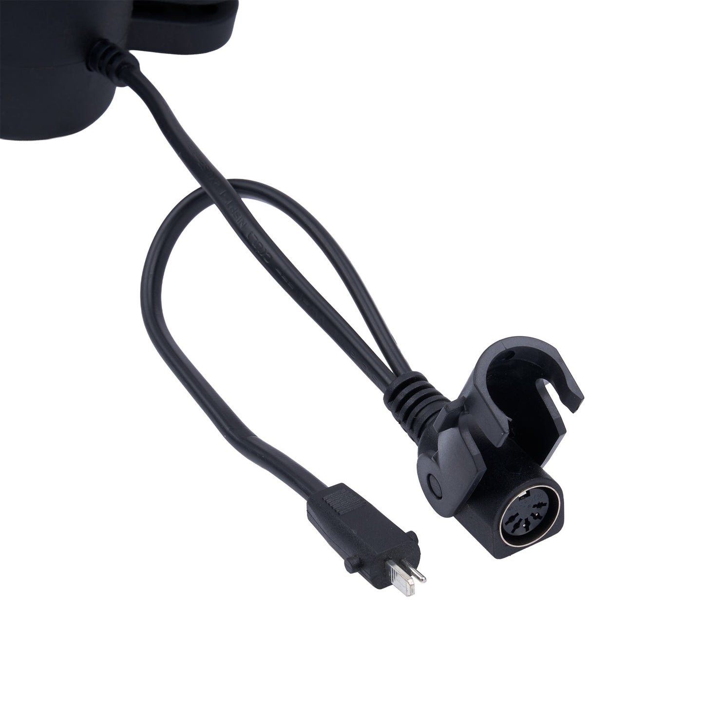 Black power cord with plug and connector on a white background