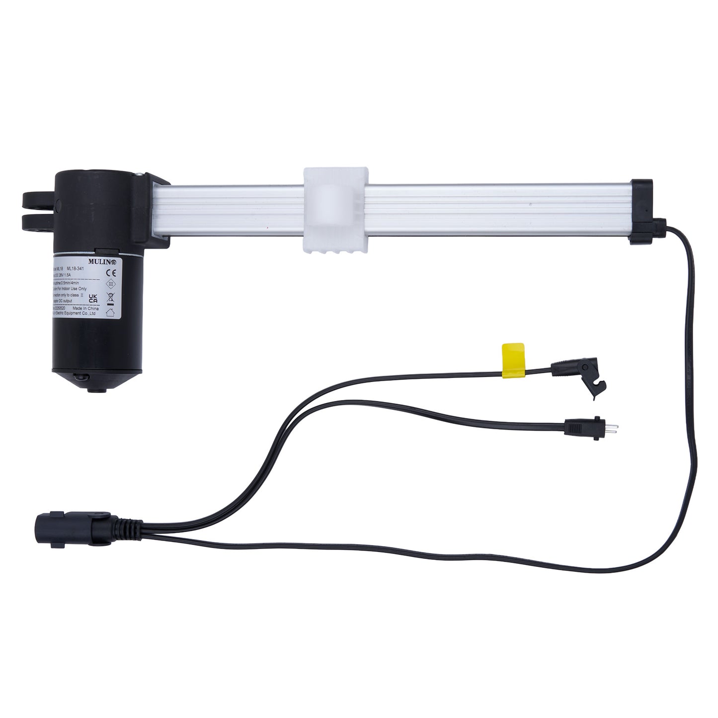 Electrical component with black connector and white cable on a white background