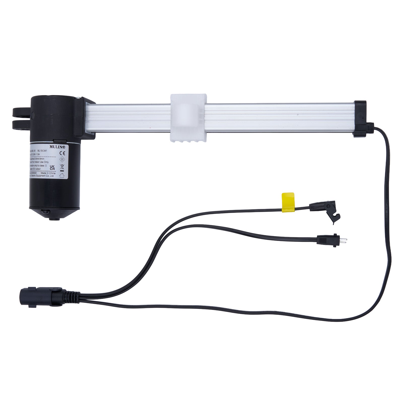 Electrical component with black connector and white cable on a white background