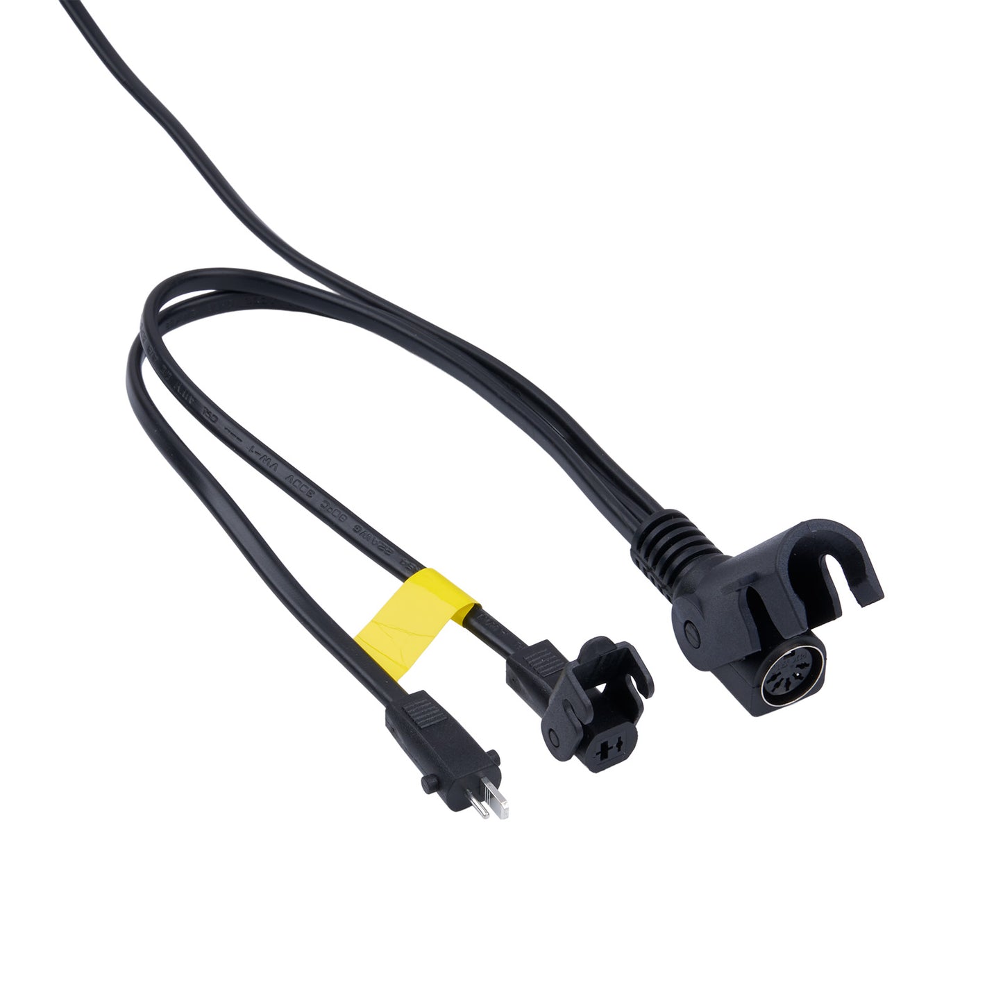 Black electrical cable with two plugs on a white background