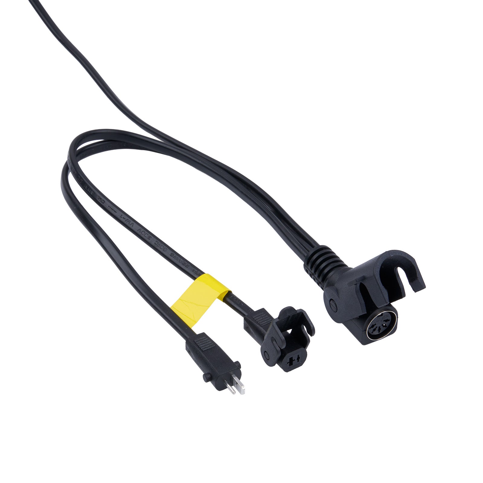 Black electrical cable with two plugs on a white background