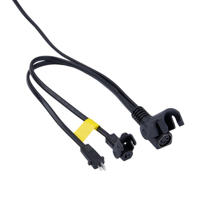 Black electrical cable with two plugs on a white background