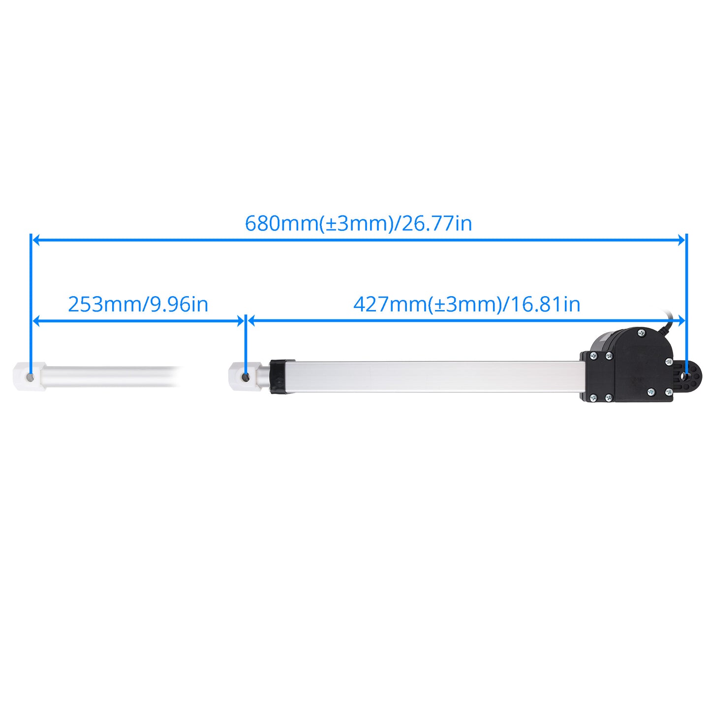 A linear actuator dimension diagram on a white background, showing a silver metal rod with a black motor housing and blue measurement lines indicating total length 680mm, left section 253mm, and right section 427mm.