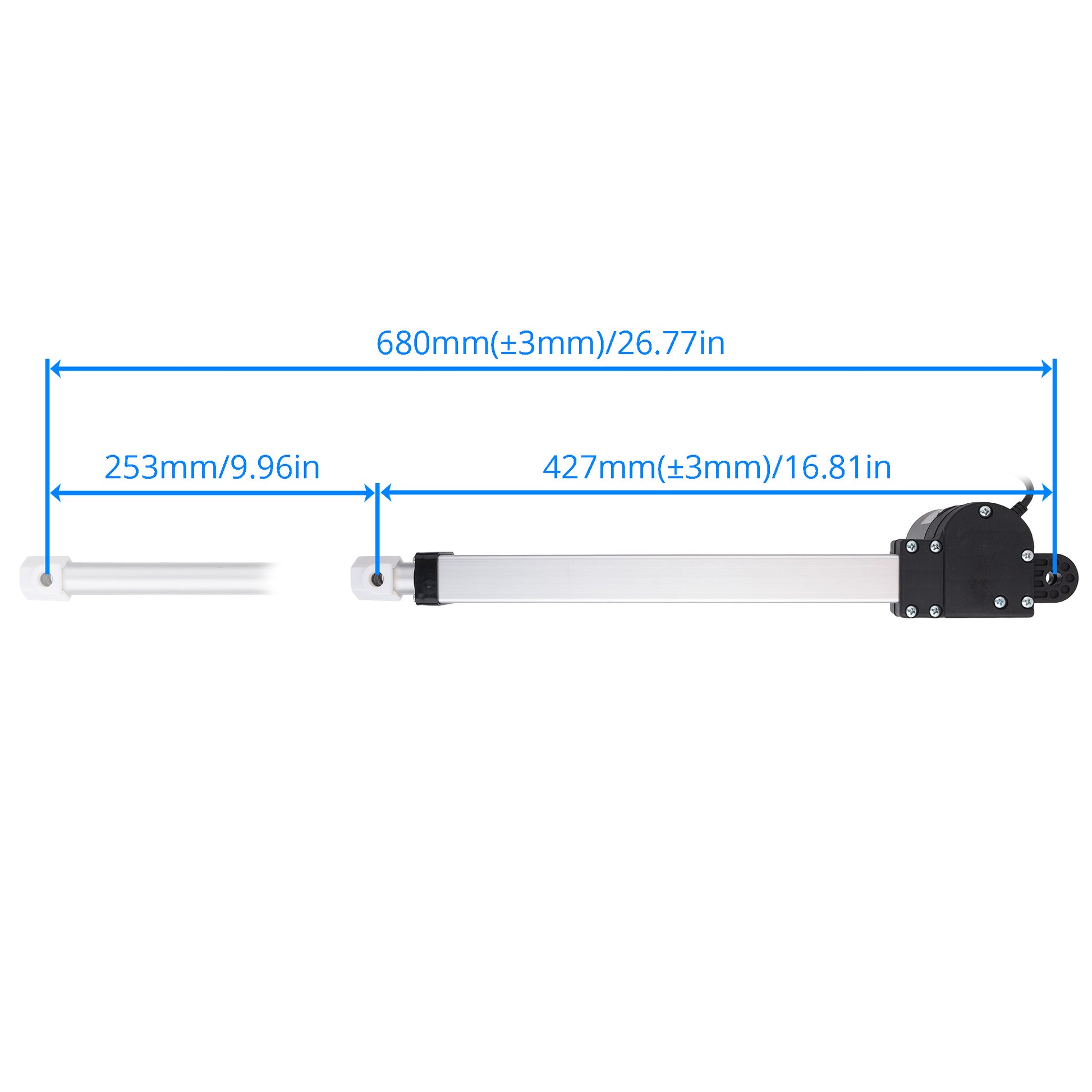 A linear actuator dimension diagram on a white background, showing a silver metal rod with a black motor housing and blue measurement lines indicating total length 680mm, left section 253mm, and right section 427mm.