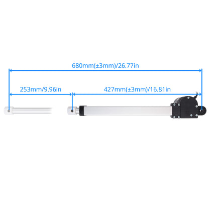 A linear actuator dimension diagram on a white background, showing a silver metal rod with a black motor housing and blue measurement lines indicating total length 680mm, left section 253mm, and right section 427mm.