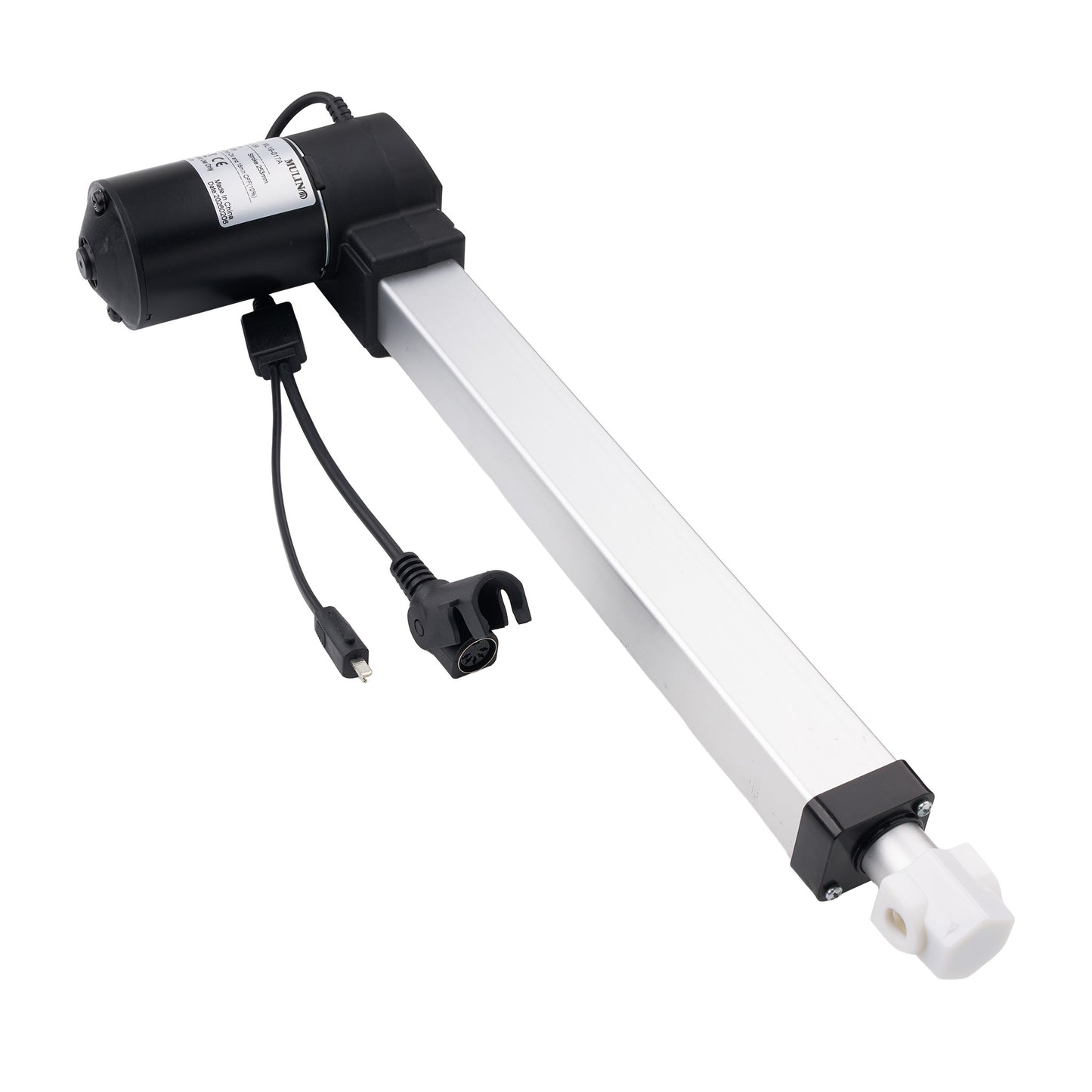 A linear electric motorized gate opener with a long silver metal rod, a black motor housing, black wiring, and a white plastic end cap, shown on a plain white background.