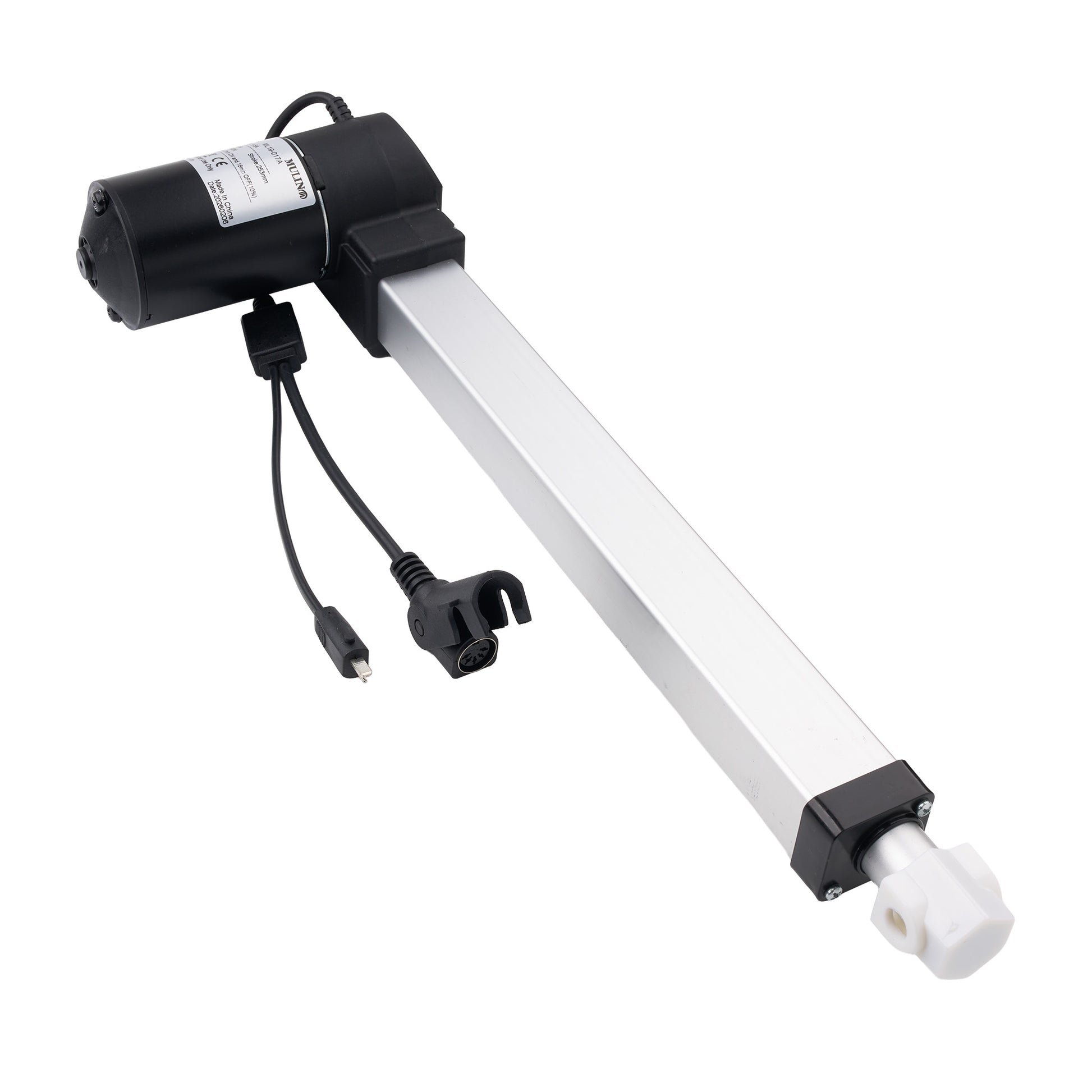 A linear electric motorized gate opener with a long silver metal rod, a black motor housing, black wiring, and a white plastic end cap, shown on a plain white background.