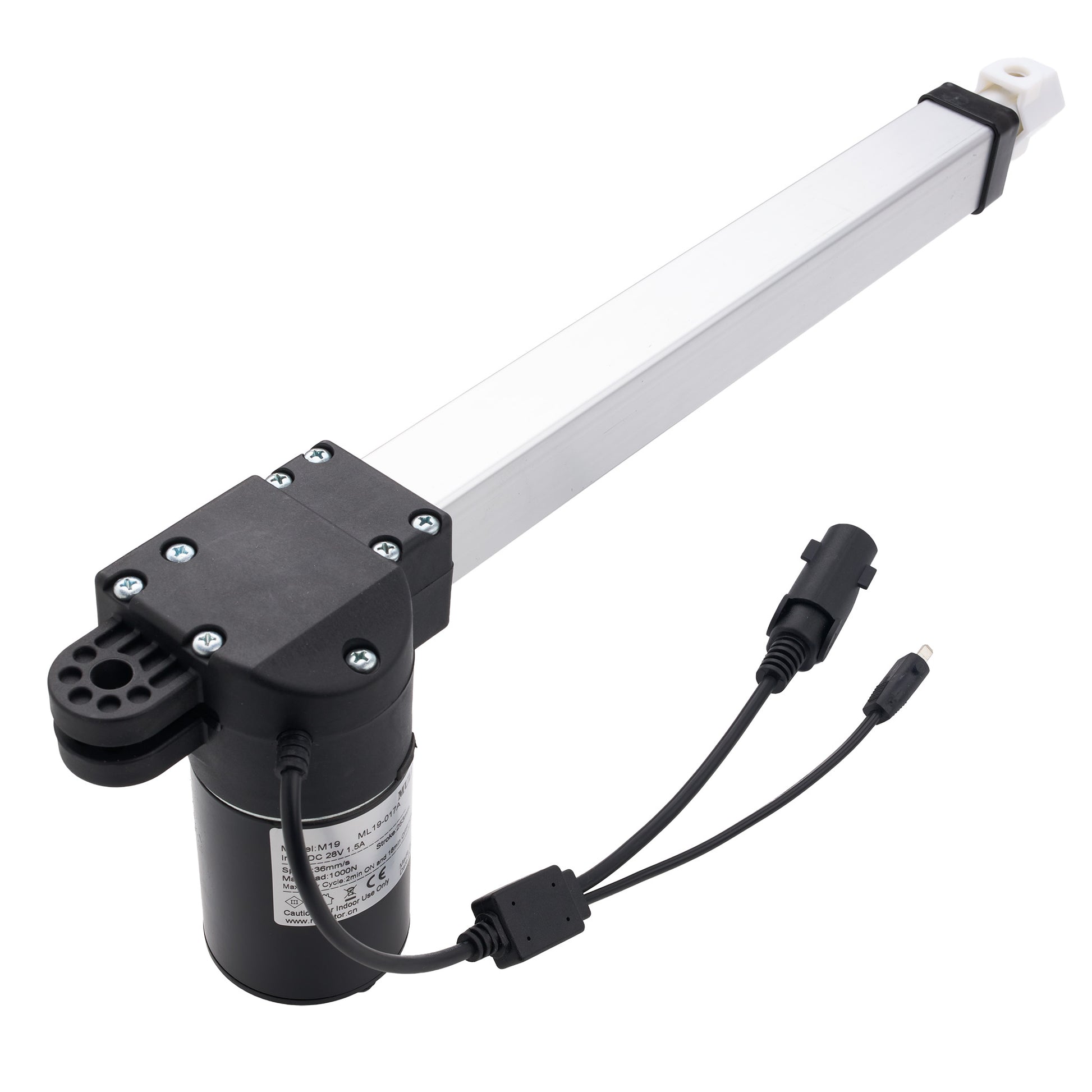 An electric linear actuator motor with a long silver aluminum rod, a black motor housing, and dual black control cables, shown on a solid white background.