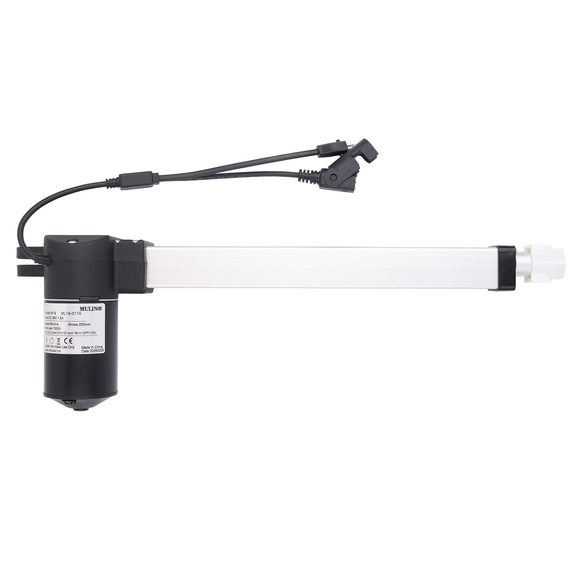 A linear electric door opener motor with a long white cylindrical light bar, a black motor housing with a white specification label, and a black power cable with connectors, shown against a plain white background.