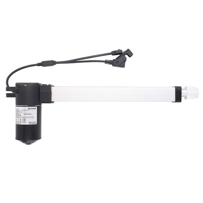 A linear electric door opener motor with a long white cylindrical light bar, a black motor housing with a white specification label, and a black power cable with connectors, shown against a plain white background.