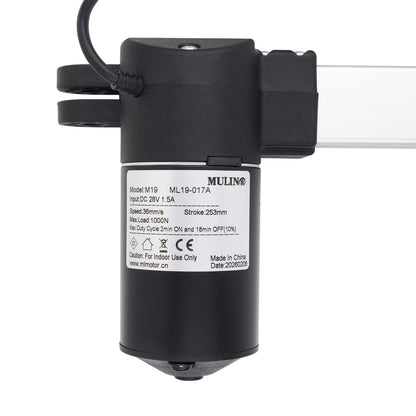 A black MINLIN DC motor with a white label showing technical specifications, mounted on a clear plastic rod against a white background.