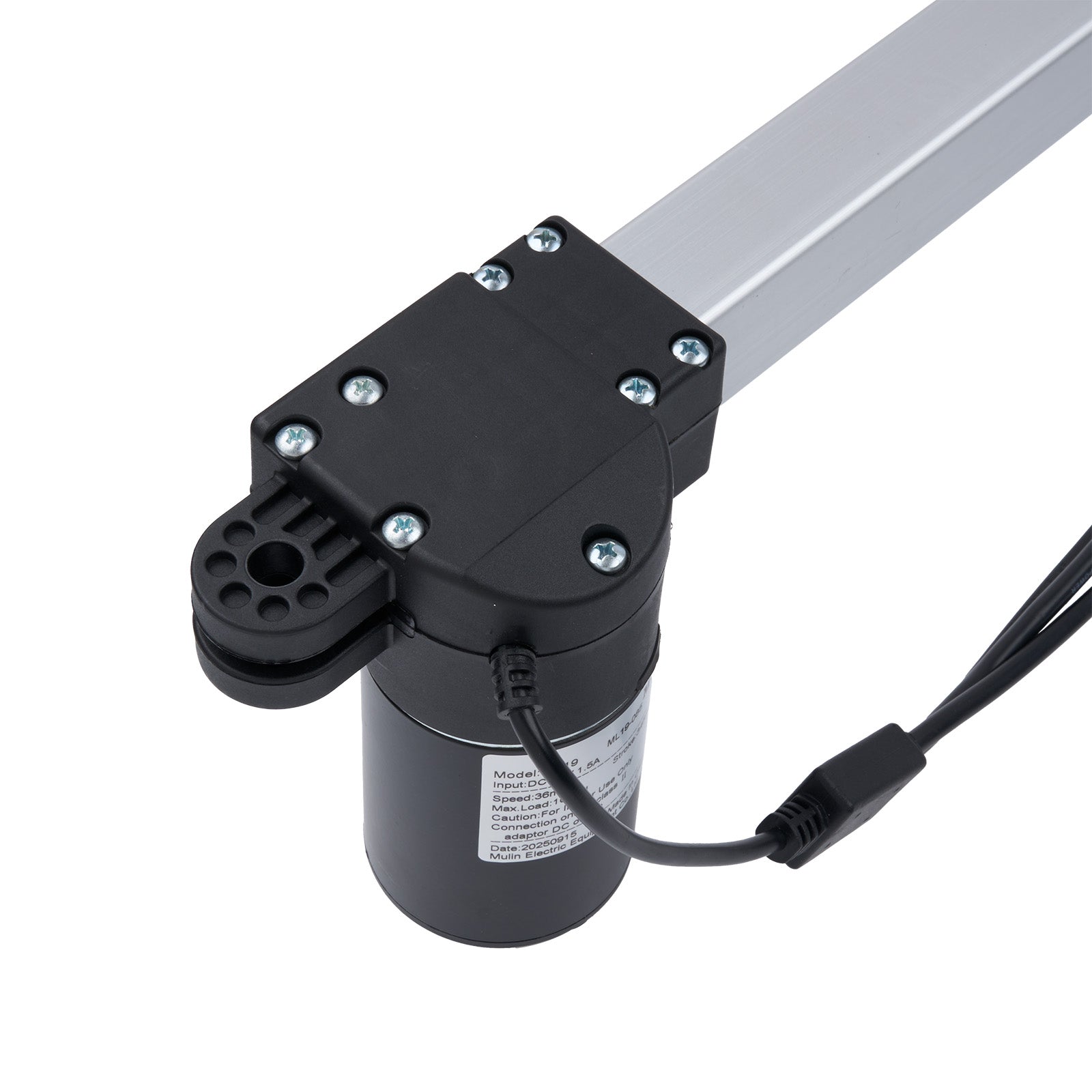 Black linear actuator with a cable on a white background